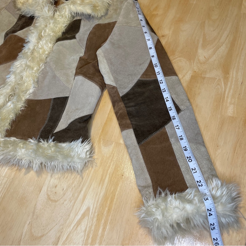 Vintage STATIC Genuine Suede Leather Patchwork Faux Fur Trim Jacket - Brown/Tan - Picture 12 of 16